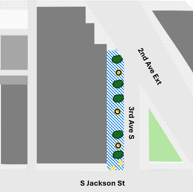 Map of 3rd Ave S and S Jackson, with blue hash-lines showing where we will improve the sidewalk and yellow nubby rectangles where pedestrian ramps will be built