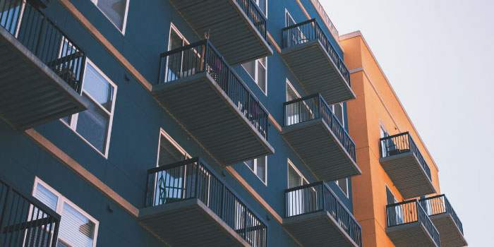 low perspective of balconies on a modern apartment building