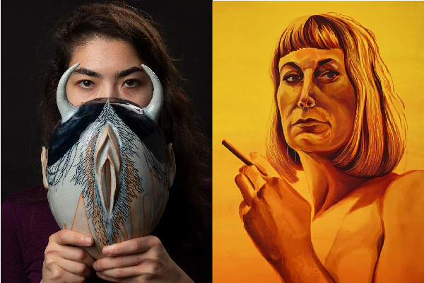Details from: War Mask 1, Hanako O&rsquo;Leary, clay and glaze, 2018 and  Self-Portrait with Clove Cigarette 2, Molly Vaughan, oil on canvas, 61 x 5 in., 2020 