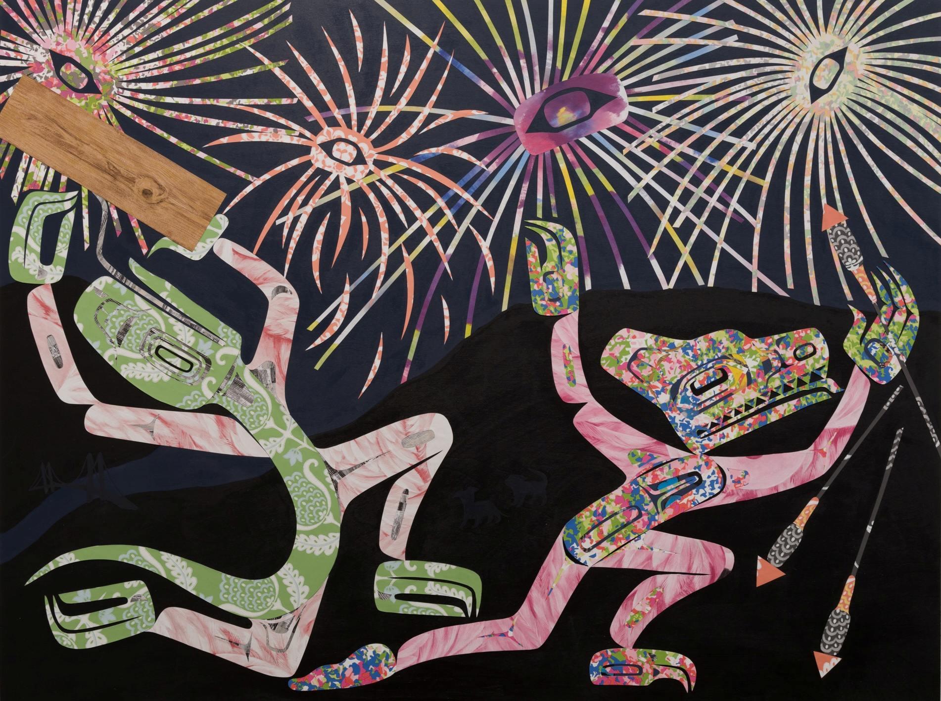 Collage artwork of two Indigenous style figures against a black background. One figure holds a piece of wood and the other sets of fireworks. Colorful fireworks erupt in the sky above.