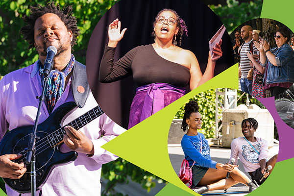 Collage of musicians, dancers, spoken word, and audience members.