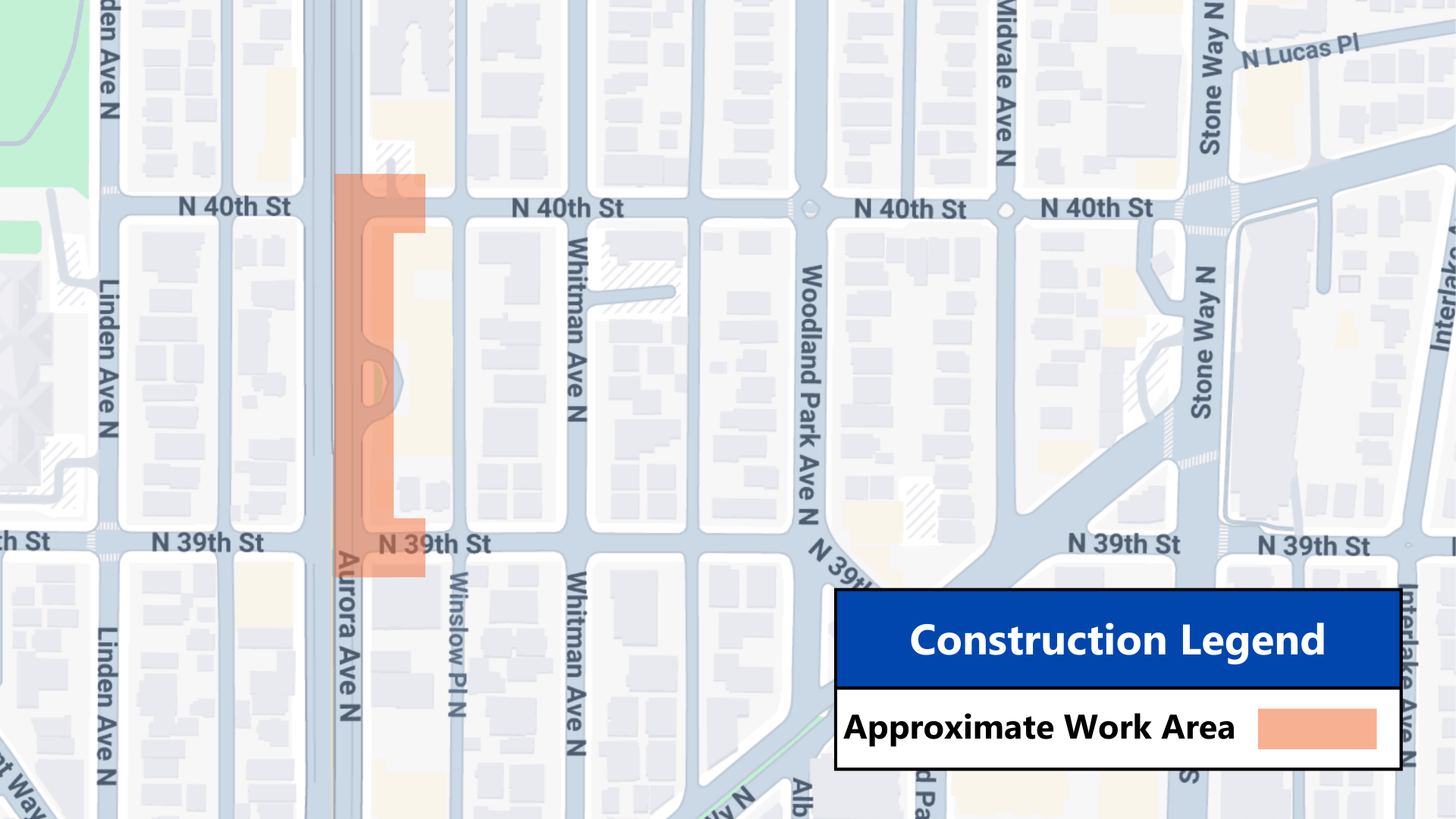 Map of approximate construction area. The area covers Aurora Avenue northbound between North 39th Street and North 40th Street.
