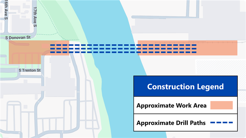 The project map for the Donovan Duwamish River Crossing project shows three drill paths that connect approximate construction areas on the east and west side of the Duwamish River.