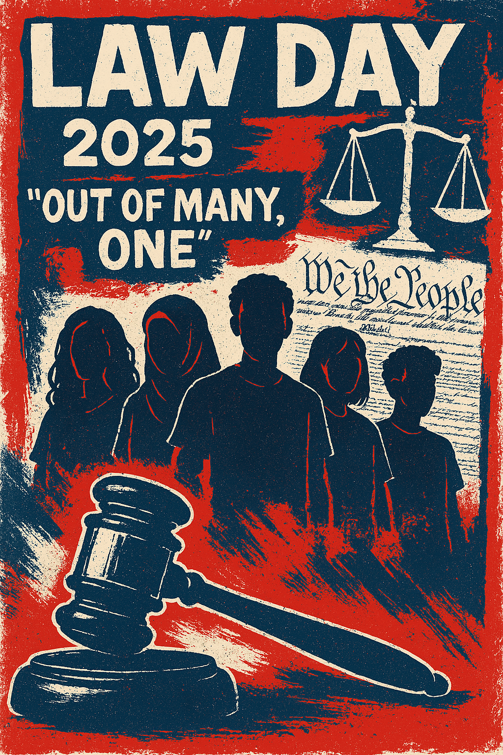 Law Day 2025 Poster reads the 2025 Law Day Theme: "Out of Many, One. The poster depicts silhouette of students standing in front of the U.S Constitution that reads 'We the People'.