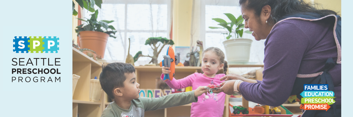 Banner with SPP and FEPP levy logos, and image of SPP teacher engaging two preschool youth at El Centro de la Raza