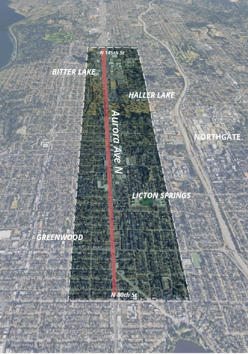  A map showing the project area from N 80th St to N 145th St, neighborhood names including Greenwood, Licton Springs, Haller Lake, Bitter Lake, and Northgate, and highlighting the Aurora Ave N corridor. 