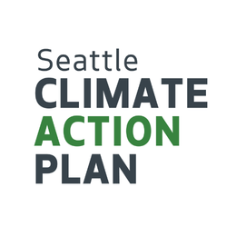 Help Create Seattle's Climate Action Plan. Take our Survey. Drawing of a person riding a bike with a dog in a basket on the backof