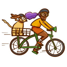 A graphic illustration of a person riding a bike with a dog in a basket on the back