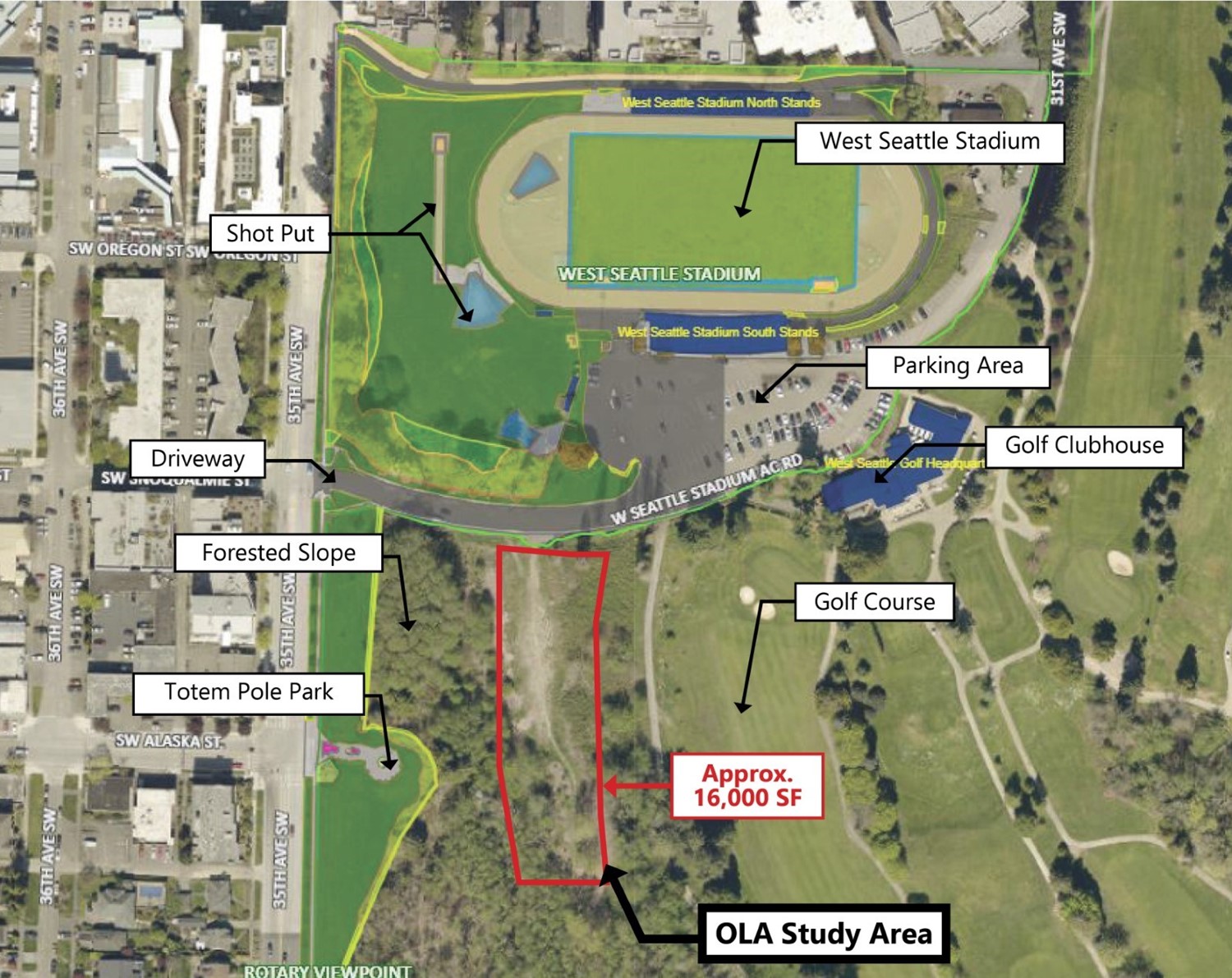 Aerial view of West Seattle Stadium, showing the proposed 16,000 square foot OLA in the southwest portion of the park, just south of West Seattle Stadium Road and just west of the Golf Course.
