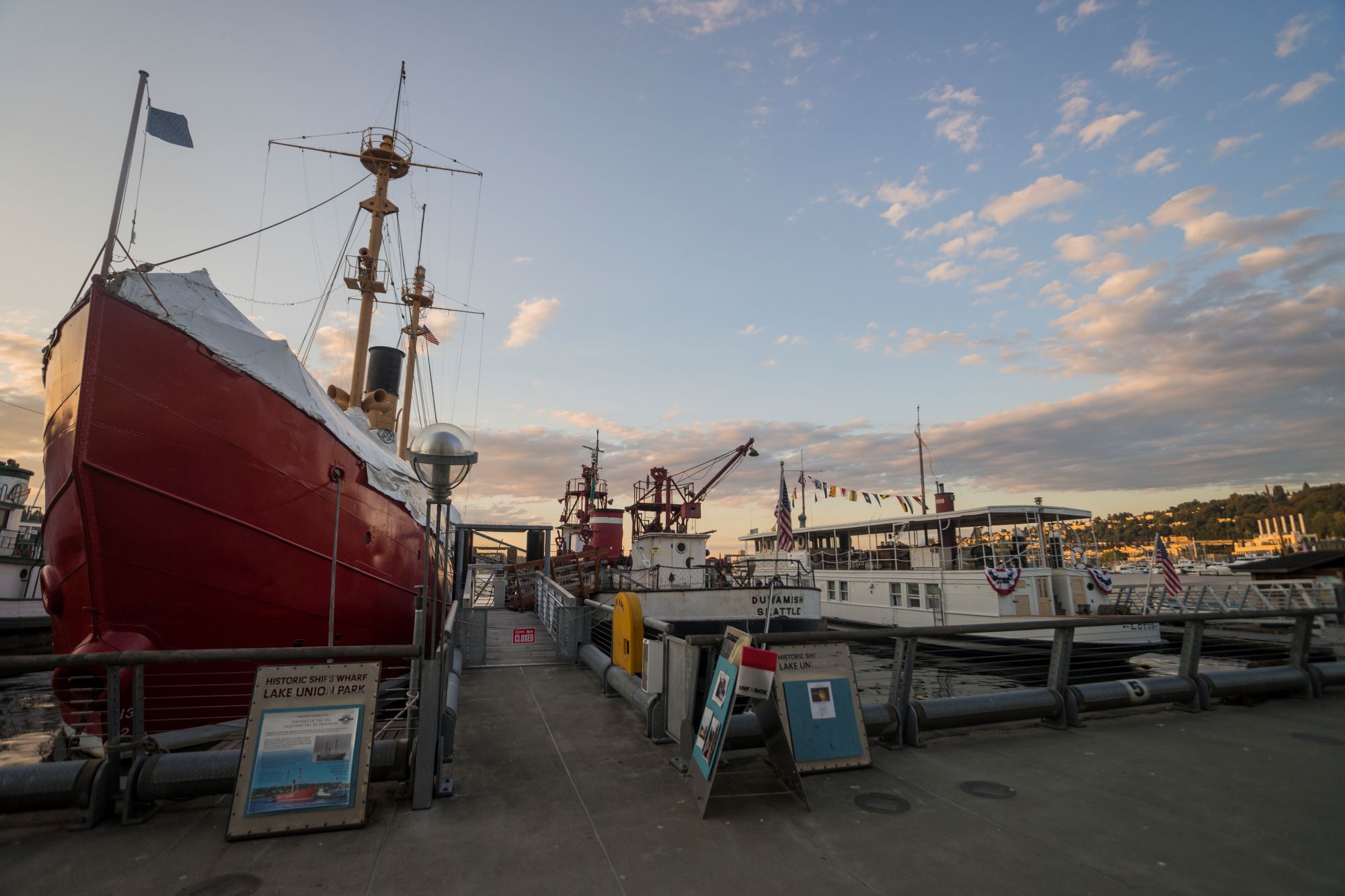 Ships moored at the Lake Union Park wharf