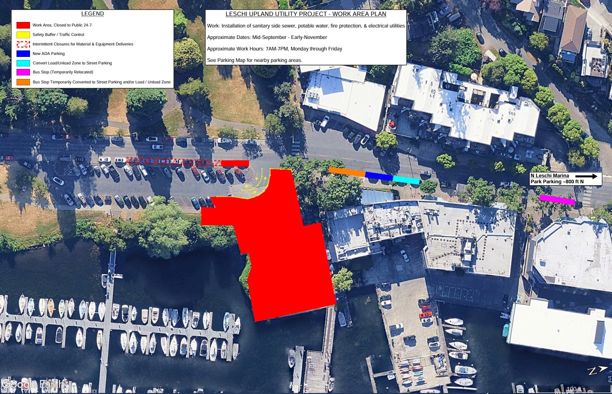 Detail map showing construction impacts at Leschi South Marina
