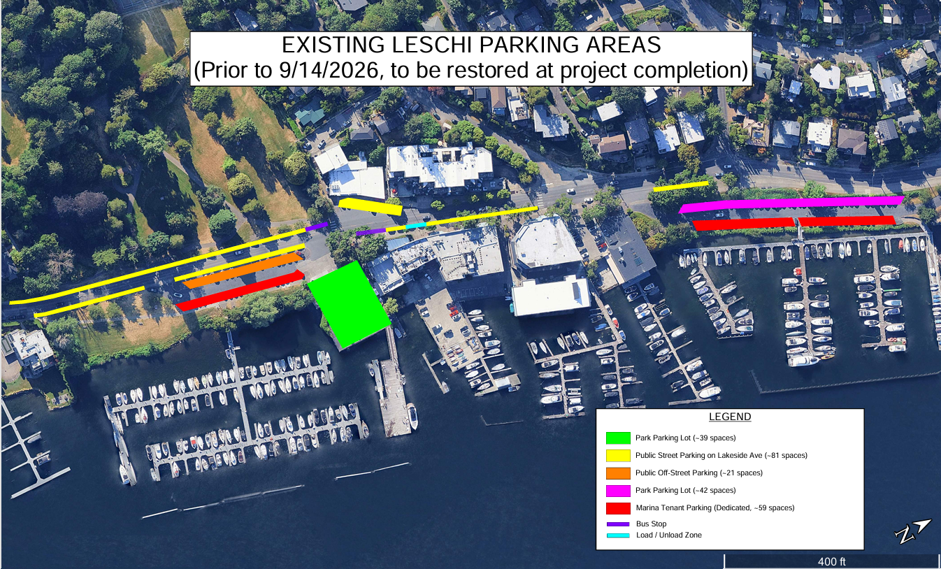 Parking map of Leschi North and Leschi South Marinas, showing parallel street parking, general use parks parking lots, and dedicated spaces for marina tenants only.  Parking map in effect prior to 9/14/2026, and will be restored after construction ends.