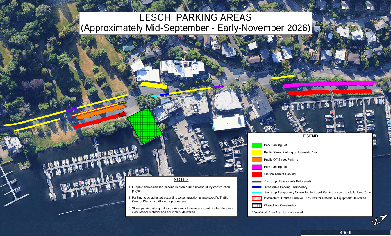 Parking map of Leschi Marina during construction, showing total closure of the pier parking at Leschi South Marina, and limited closures of the Marina Tenant and parallel street parking spaces closest to the Leschi South Marina.  No changes to parking in Leschi North.