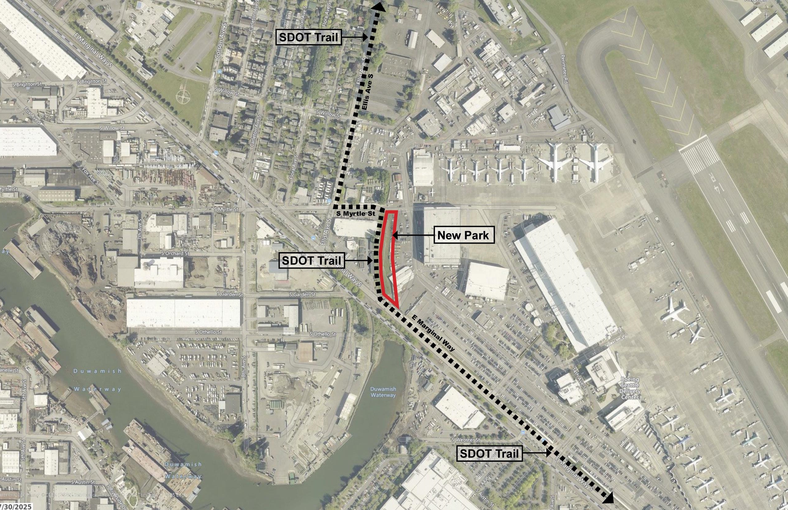 Aerial map showing the Georgetown Off-Leash Area location along E Marginal Way S between S Myrtle Street and E Marginal Way, with the SDOT trail corridor marked in dotted lines running north-south through the Georgetown neighborhood