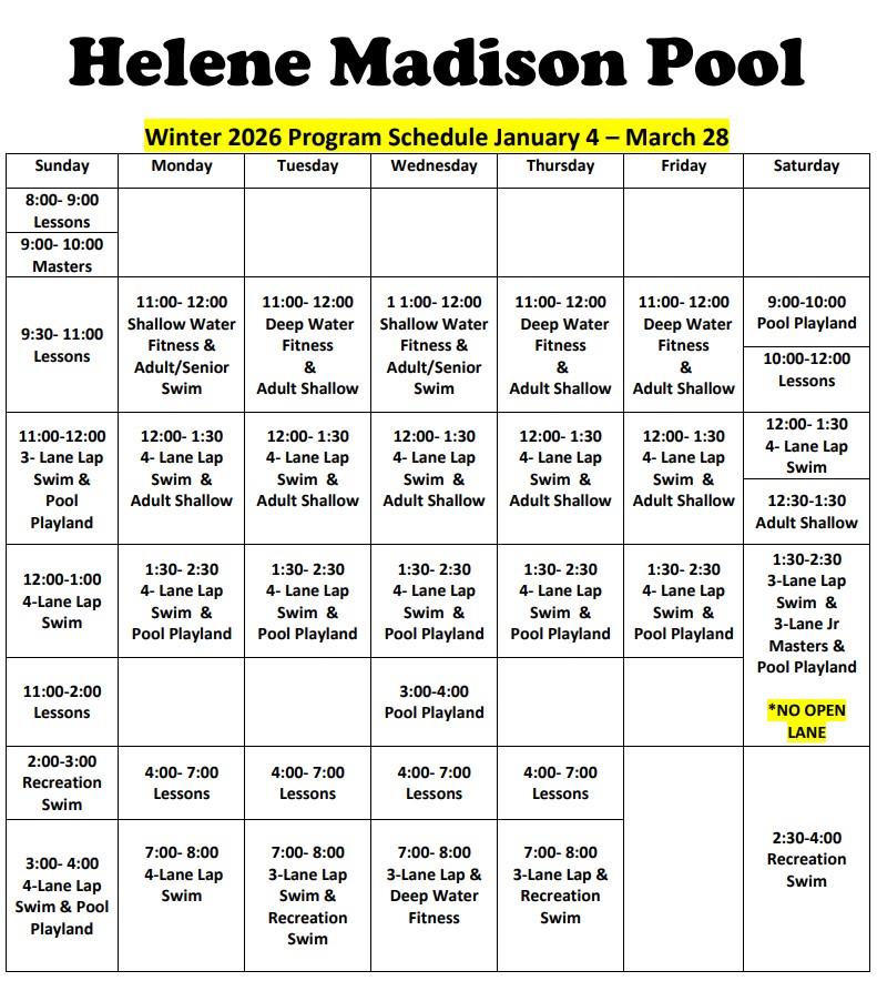 Madison Pool schedule, Winter 2026. Click or tap to open an ADA-accessible, printable version in a new window.