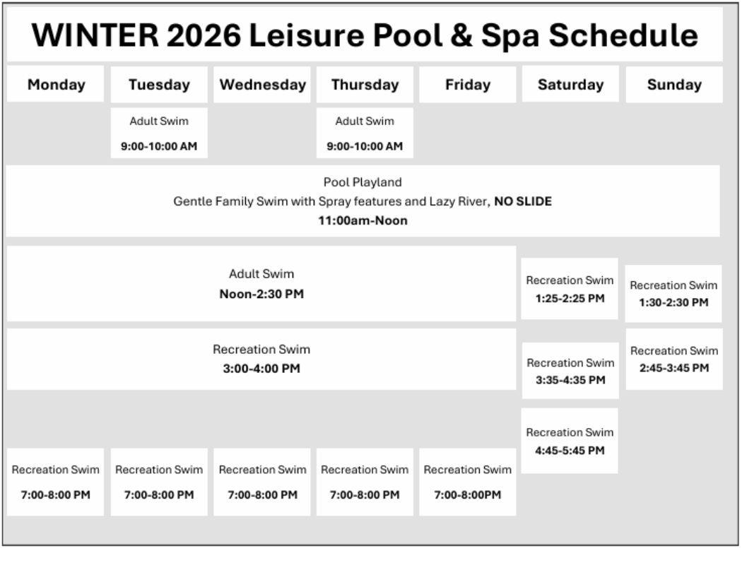 Click or tap to open a new frame with a printable, ADA-accessible PDF of the Rainier Beach Pool Leisure Pool and Spa schedule, Feb. 23 - Apr. 10, 2026