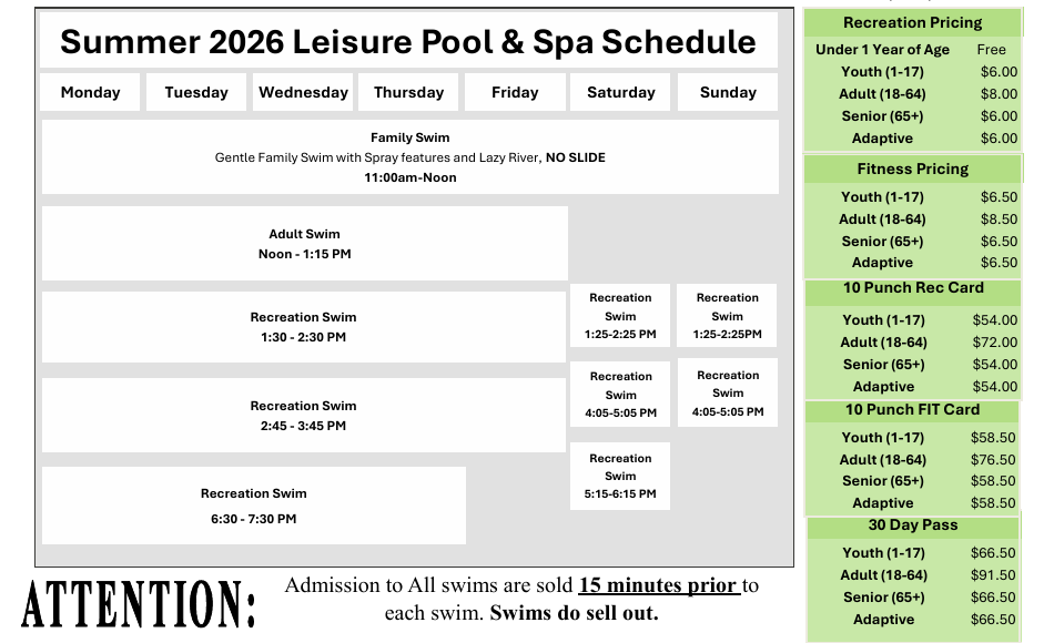 grid with swim session days and times