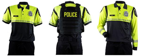 Three views of a yellow shirt worn by officers at these events