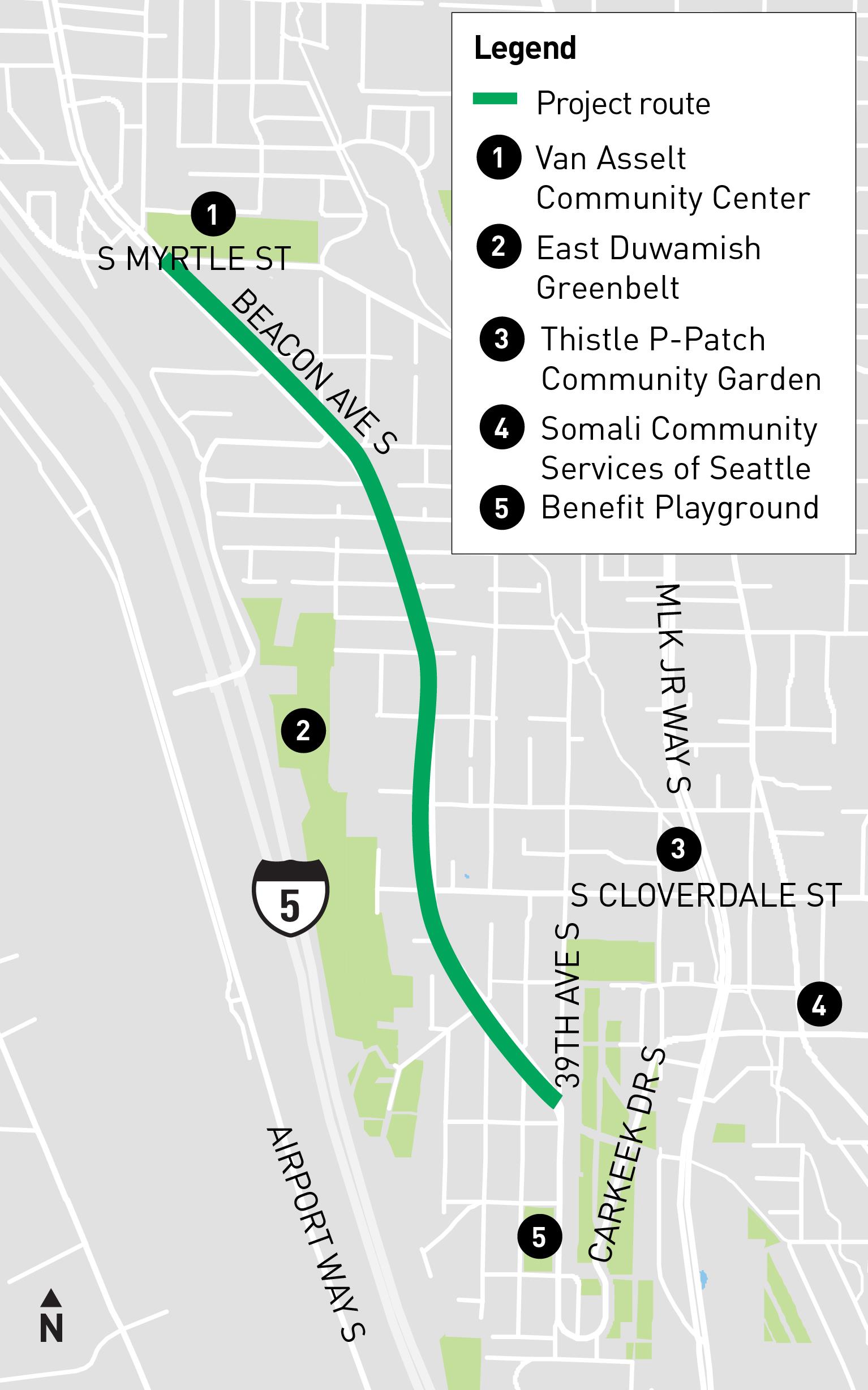 Map showing project area on Beacon Ave S between S Spokane St and S Myrtle St.