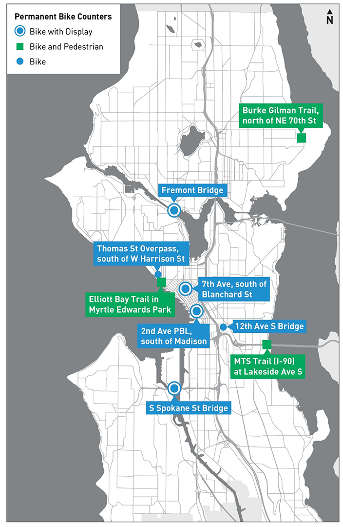 A map of bike counters across a map of the City of Seattle