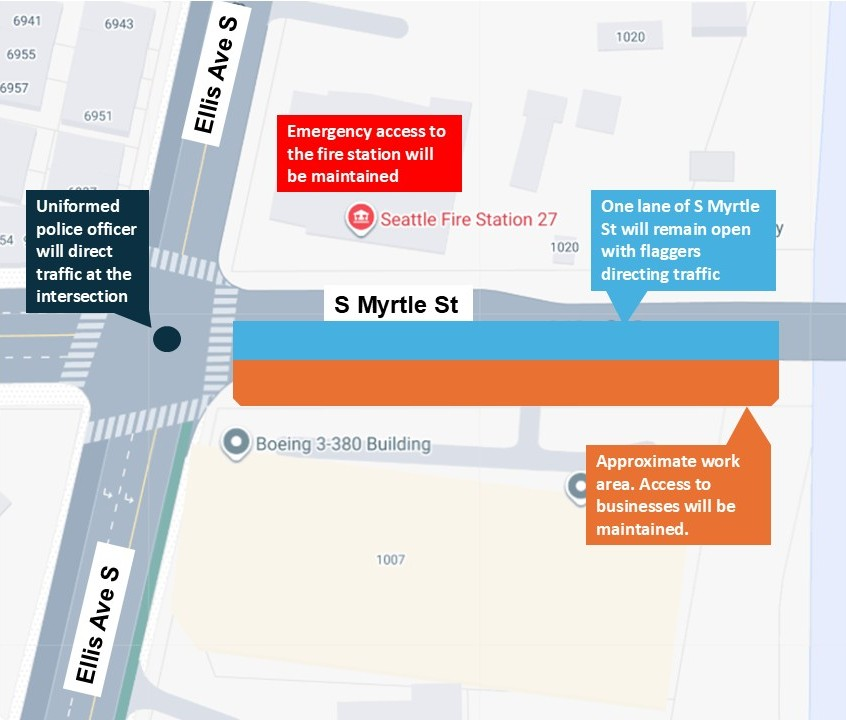 Graphic map shows a single lane for alternating traffic on S Myrtle St, with a police officer stationed at the Ellis and Myrtle intersection.
