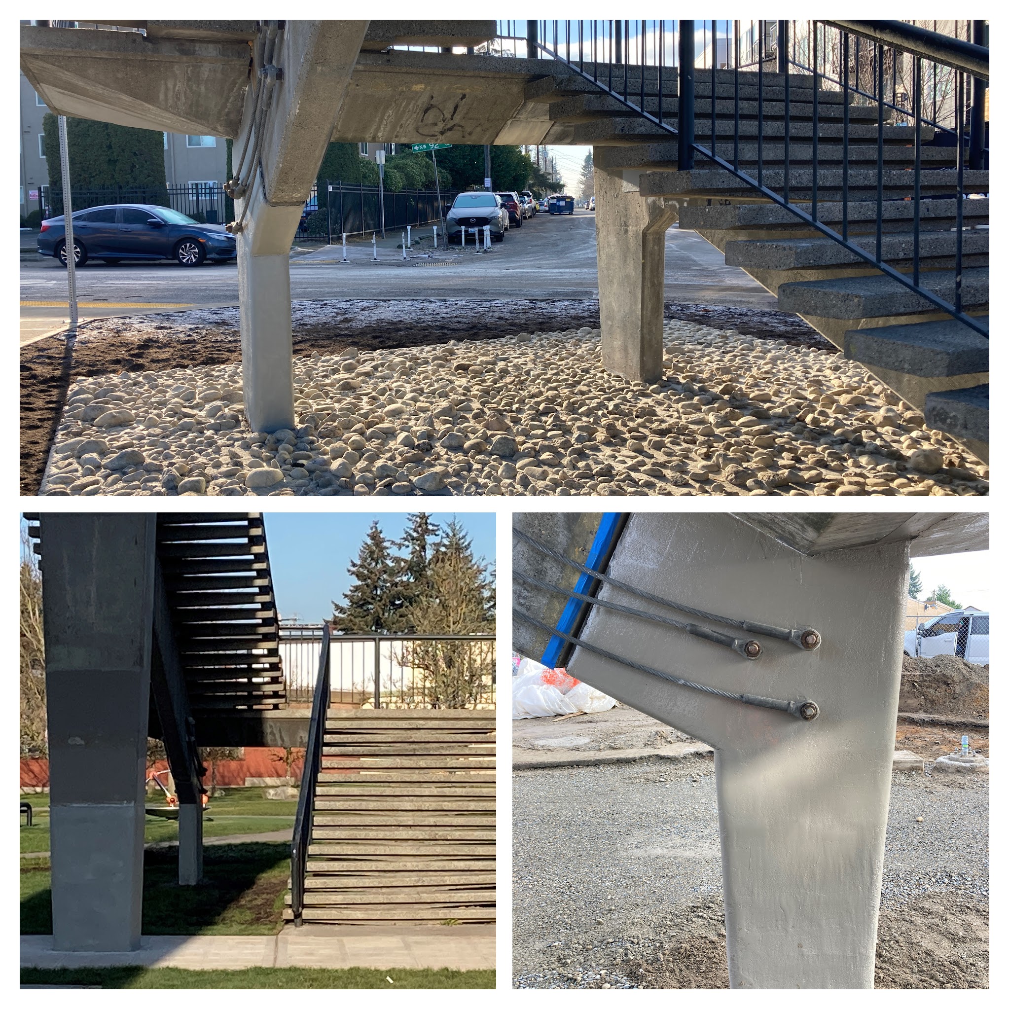Three photos showing recent upgrades to the 13th Ave NW/Holman Rd NW Pedestrian Bridge. Top: View of the stair landing column wrapped in a special material (CFRP) to make it stronger during earthquakes, with gravel underneath. Bottom left: Stairs with added support underneath. Bottom right: Close-up of new metal rods attached to a support column.