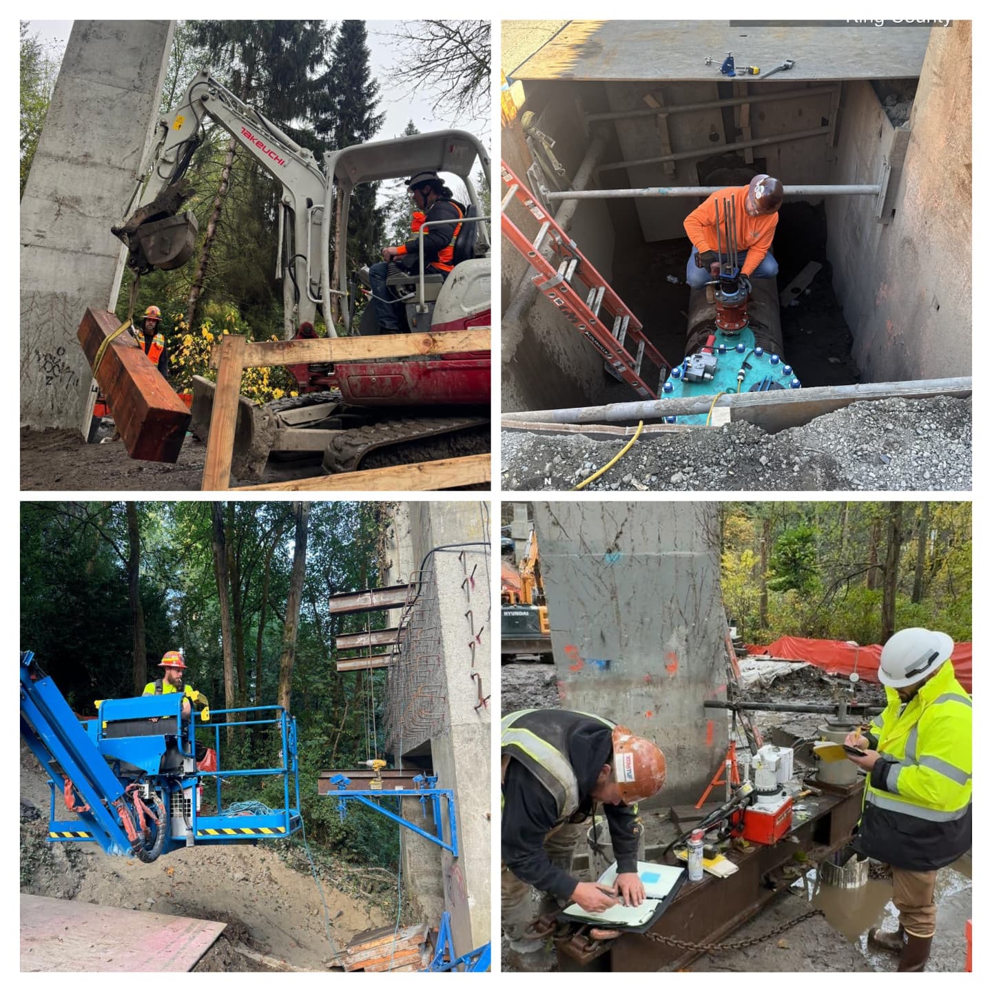 A four-photo collage showing construction work: upper left, a worker uses a construction vehicle to move a timber piece; upper right, a worker drills into a water main inside a vault; lower left, a worker on a lift positions a support beam under the bridge; lower right, two workers test a newly installed pile at the bridge footing.