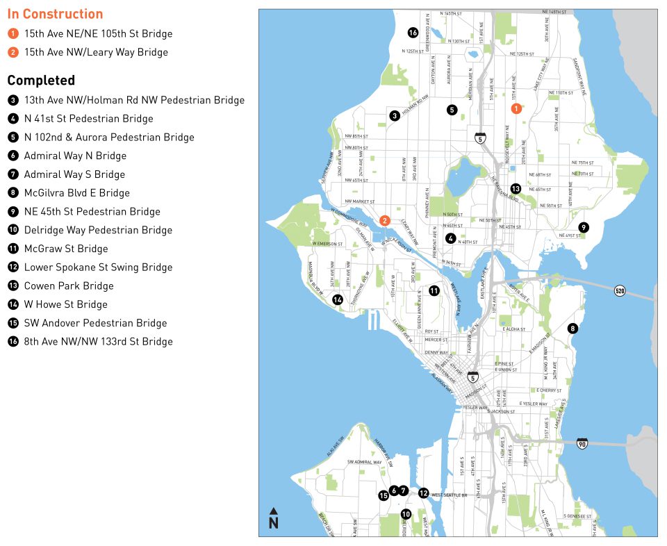Map of Seattle showing locations of bridge seismic retrofit projects showing two in construction (orange) and fourteen completed (black), marked with numbered circles.