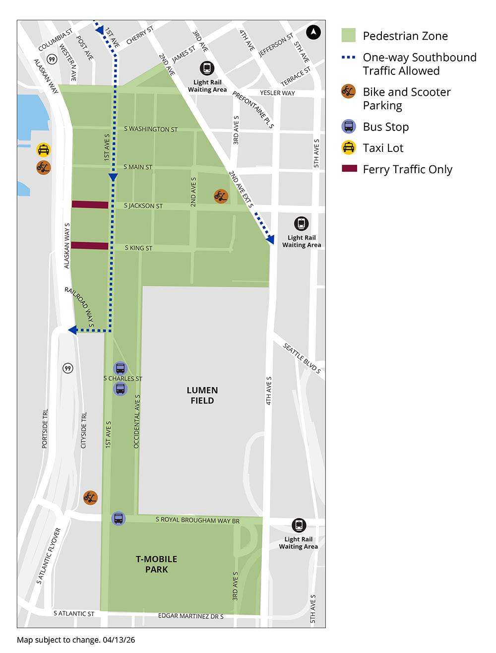 A map of the Pioneer Square Pedestrian Zones