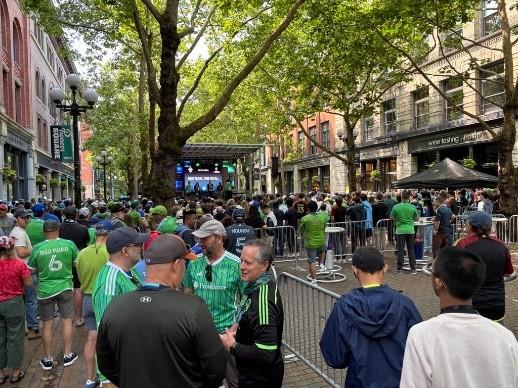 A soccer crowd in Occidental Square in Pioneer Square