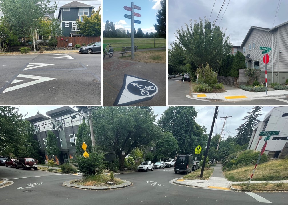 Collage showing recent updates along the Neighborhoood Greenway including new curb bulbs, speed humps, and wayfinding signage