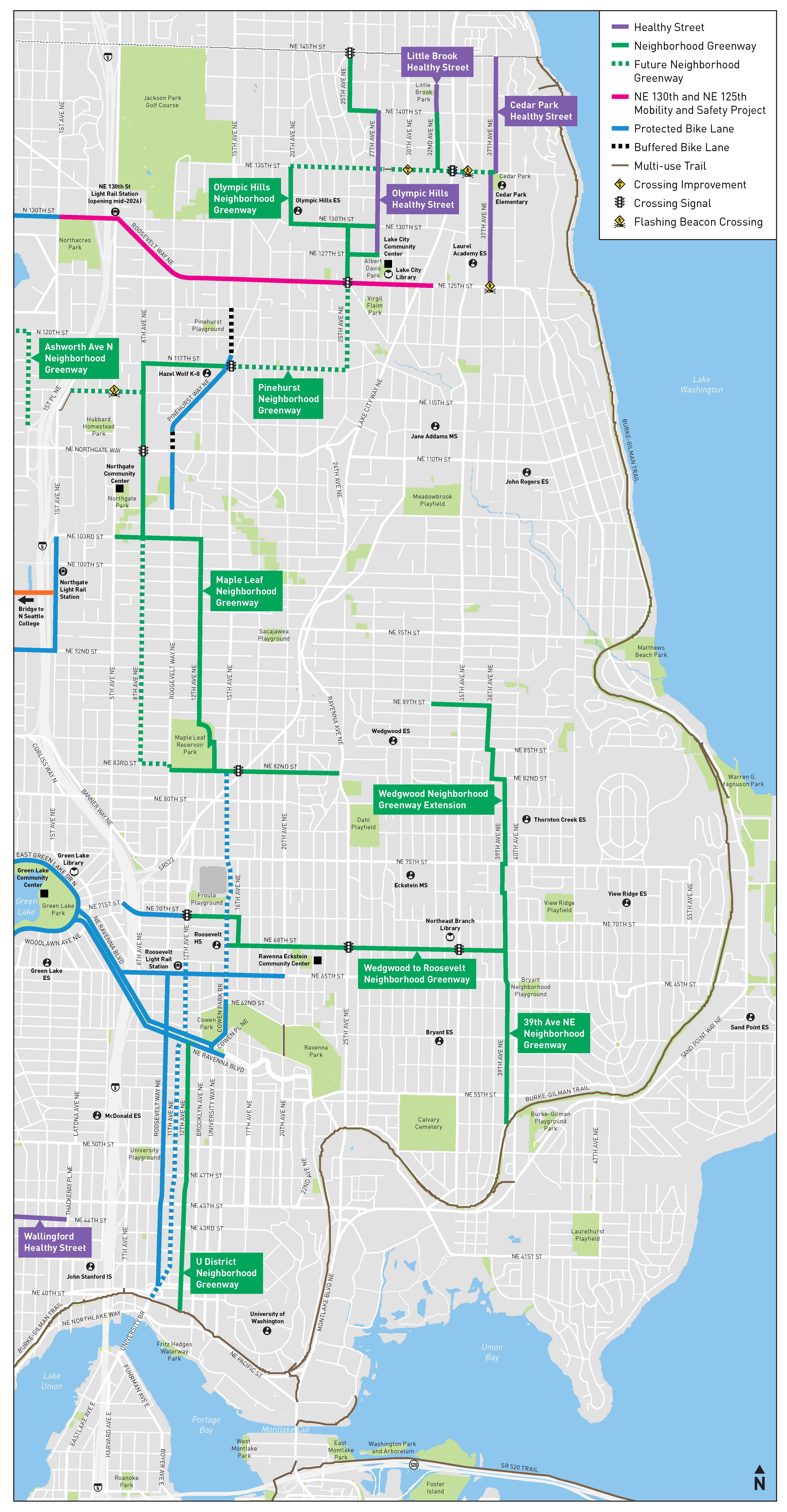 Map graphic of network of bicycle facilities in NE Seattle neighborhoods