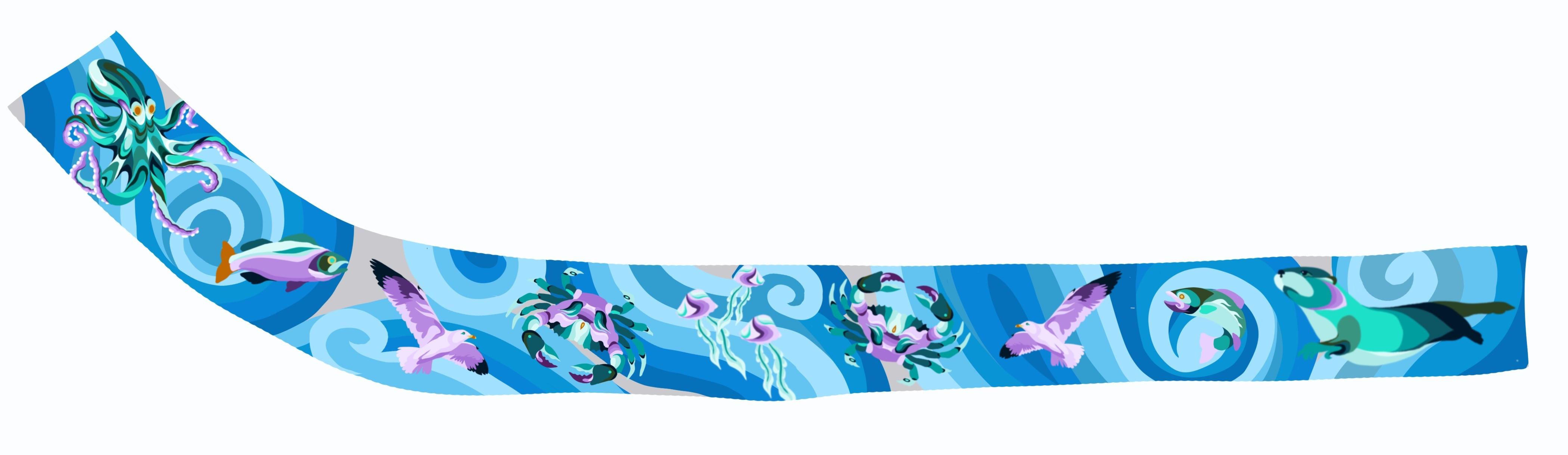 Conceptual rendering of path mural with sea critters and a blue background