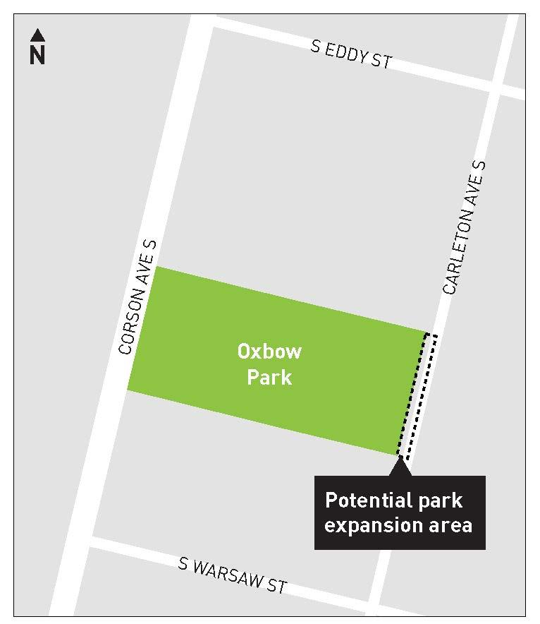 Map with a black dotted rectangle on Carleton Ave S next to Oxbow Park labeled &ldquo;potential park expansion area&rdquo;