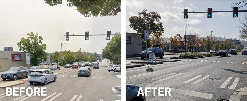 Refreshed lane and pedestrian crossing markings, new landscaped median island to provide traffic calming, pedestrian refuge island, and additional trees on NW 53rd.