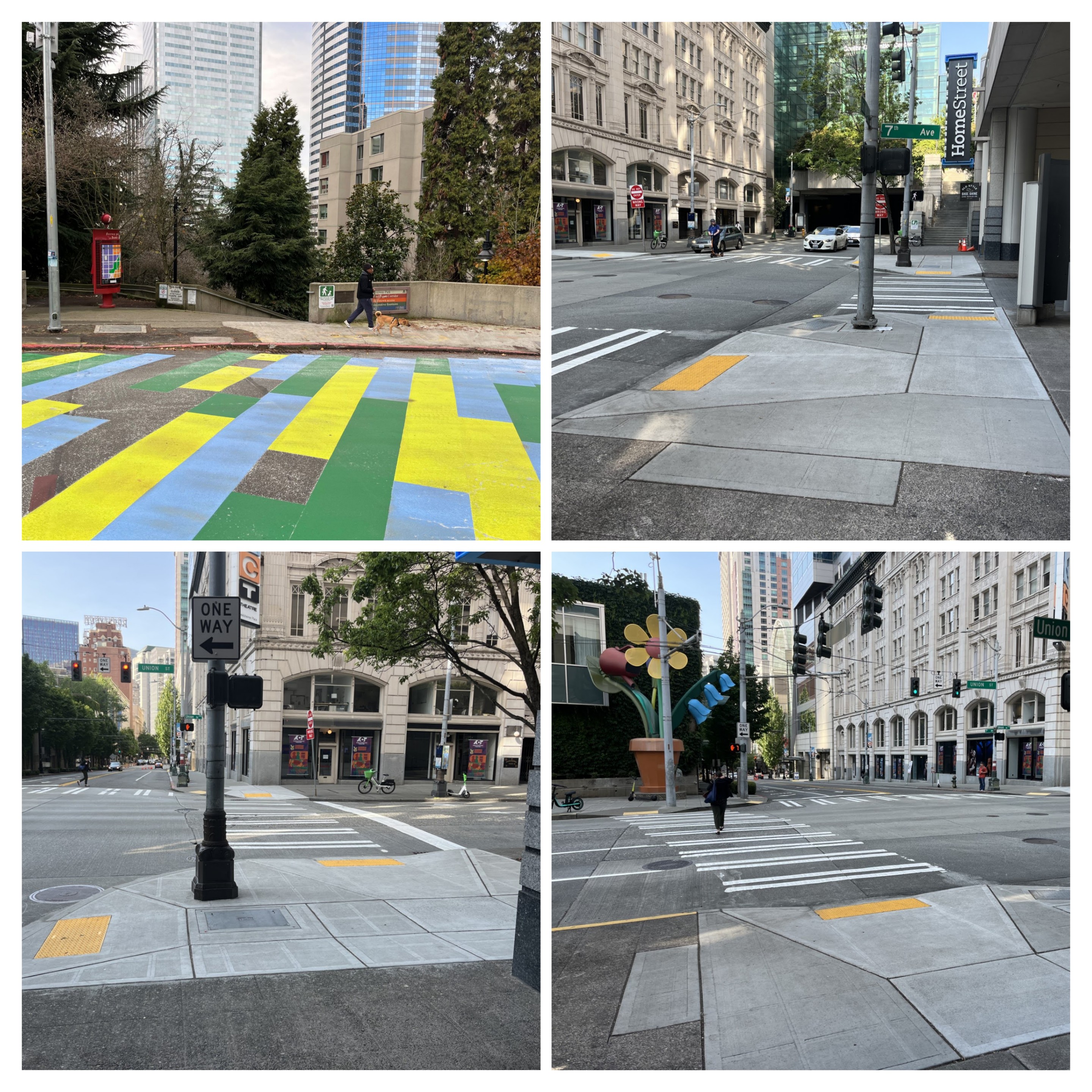 A collage of four images showcasing completed improvements in the Freeway Park project: a colorful pavement mural with blue, green, and yellow patterns; upgraded curb ramps with tactile pads; decorative sidewalk inlays; and a wide pedestrian crosswalk near a large flower sculpture.