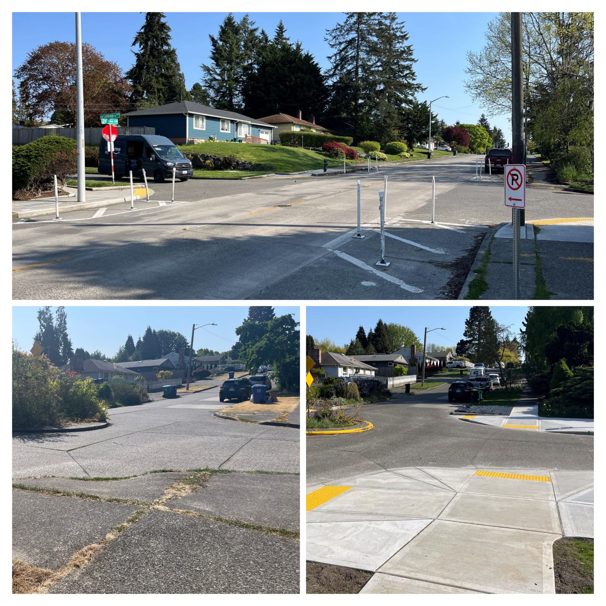 Three-frame photo showing recent upgrades at two residential intersections: new flex posts and striping in the top frame; bottom frames compare old, worn sidewalks with new curb ramps and tactile strips.