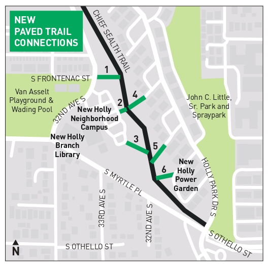 Map showing locations of 6 Chief Sealth Trail Connections to S Frontenac St, New Holly Neighborhood Campus, New Holly Branch Library, New Holly Power Garden, and Holly Park Dr S.