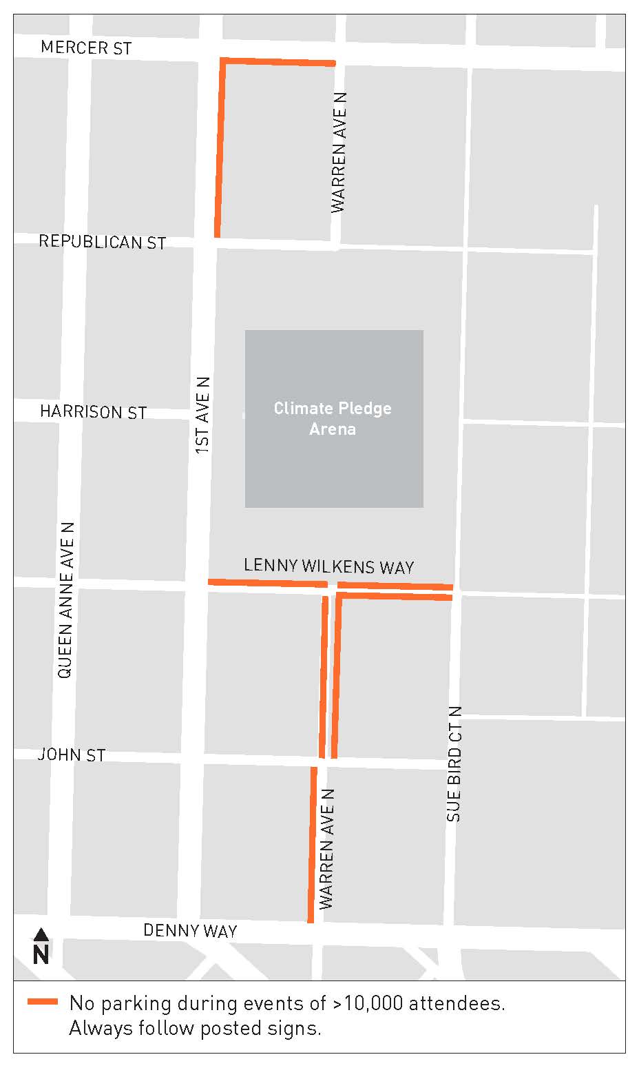 Map showing no parking on the corner of 1st Ave and Mercer St, and no parking on Lenny Wilkens Way between 1st Ave N and Sue Bird Ct N, and no parking on Warren Ave N between Denny Way and Lenny Wilkens Way