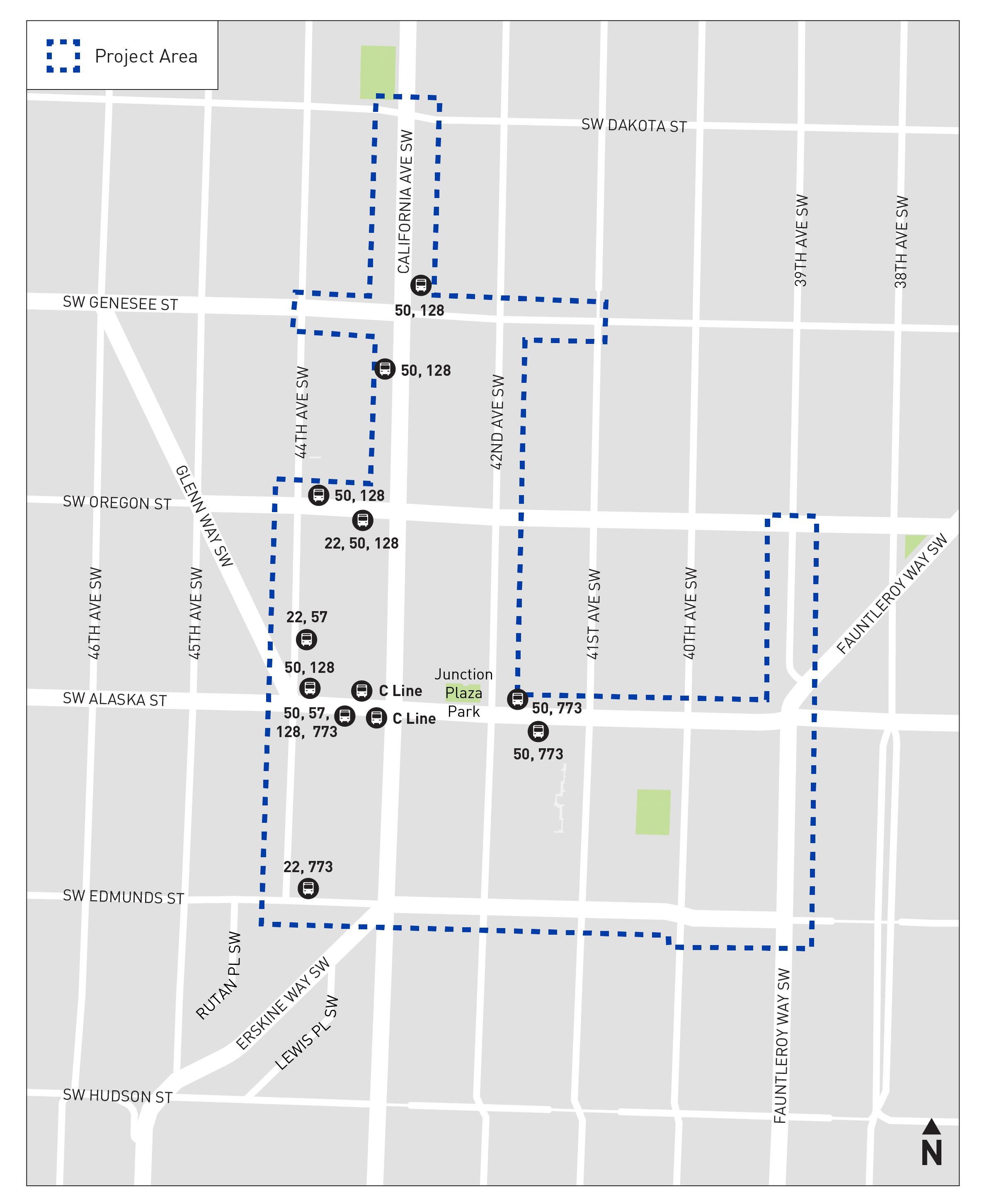 Map showing the Alaska Junction project area and bus routes serving bus stops in the area. 