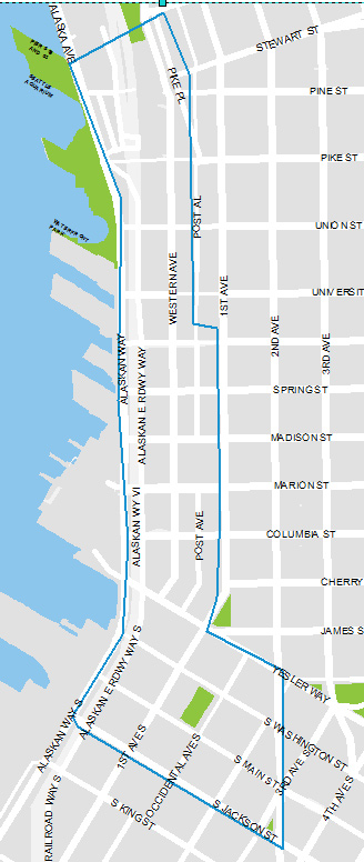 Boundary map for Sunday Time limits in Pioneer Square and the Waterfront