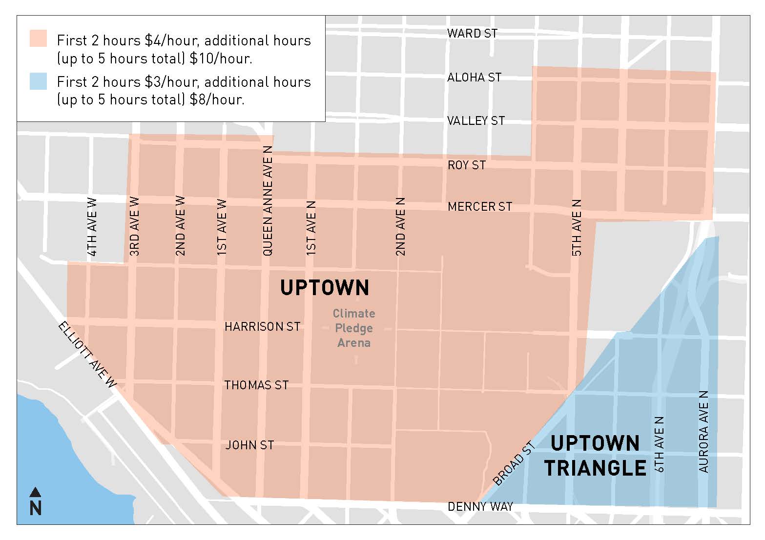 A map of the Uptown from Elliott Ave W, 3rd Ave W Roy St, Aloha St, and 5th Ave N. and Denny Way.  This area is $4 for the first 2 hours additional hours are $10 an hour.  And the area of Uptown Triangle from Denny Way, Broad St, and Aurora Ave N.  Here parking is $3 for the first 2 hours, additional hours up to $8 an hour.