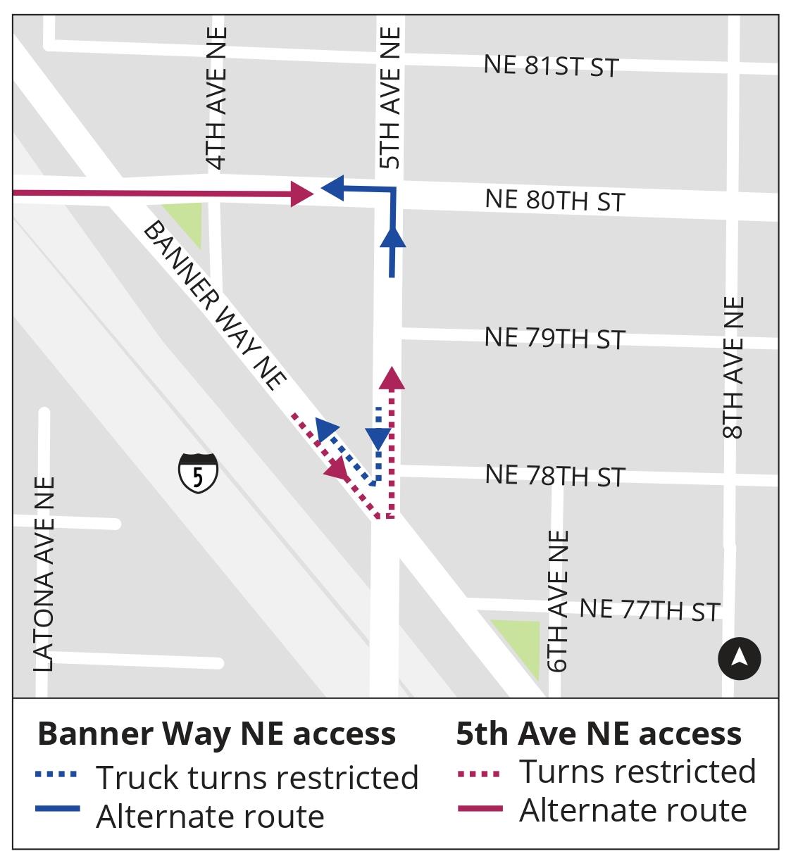 Image shows how southbound and northbound travelers should turn to get through the intersection with new turning restrictions.