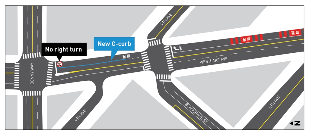 Image shows map of turn restrictions that prevent traffic turning right onto Denny Way from northbound Westlake Ave