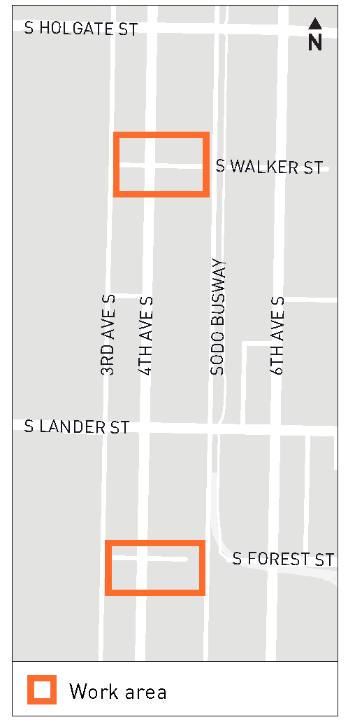 Project area map showing 4th Avenue South between South Holgate Street to the north and South Spokane Street to the south. The map also shows a few streets running parallel to 4th Ave S, including 3rd Ave S to the west and the SODO Busway and 6th Ave to the east. The intersections of 4th Avenue South with South Walker Street and South Forest Street are marked on the map to indicate where the work will be. 