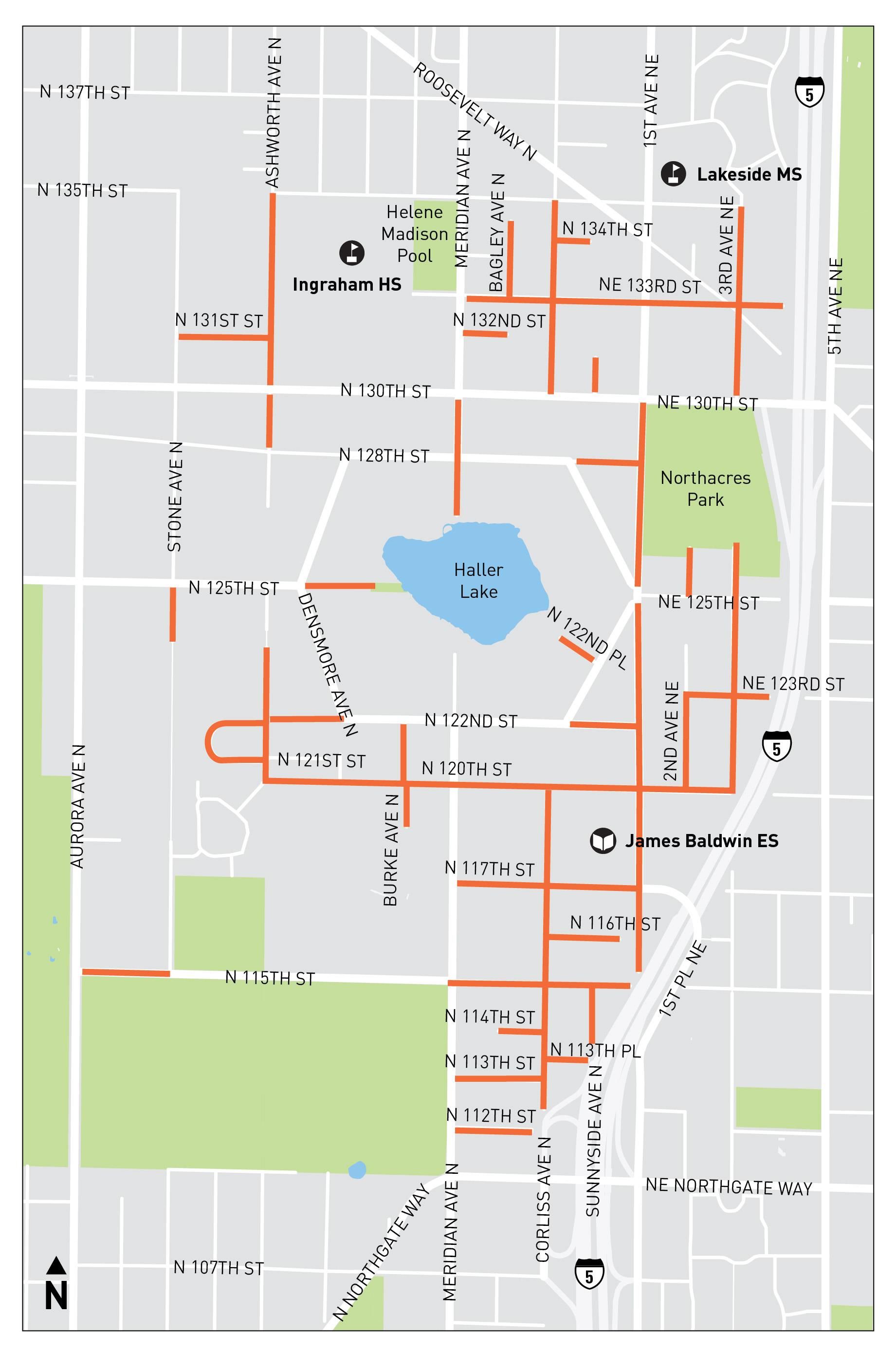 Alt text: A street map of a city north neighborhood showing various schools, parks, and community centers. Several street segments are highlighted with bold orange lines, indicating specific focus areas for slurry seal repaving.