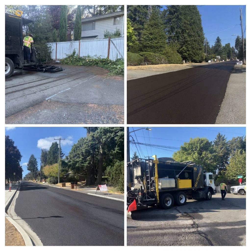 Four-image collage showing a residential street resealing project. It features heavy construction machinery applying slurry seal treatment, a worker in a high-visibility vest, and views of the newly resealed, smooth black roads under a clear sky. 