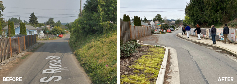 A before picture of S Rose Street and an after picture of a finished retaining wall, curb ramps, and planting strip.