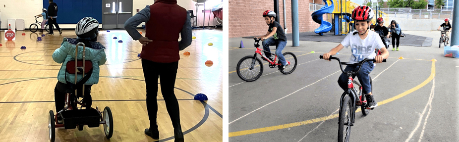 On the left, a student in a gym riding a tricycle.  On the right, a student outside riding a bike on the playground.