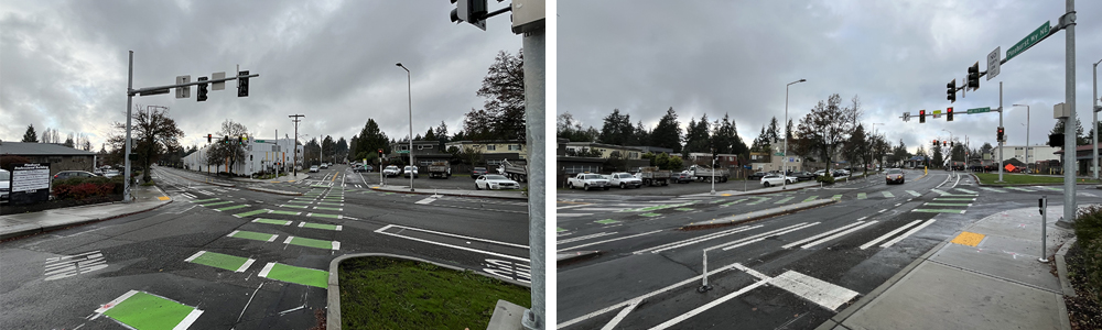 NE 117th and Pinehurst intersection with new crosswalks and signals